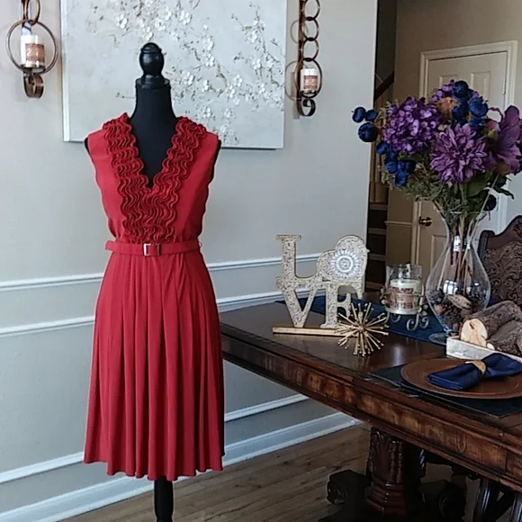 Adrianna Papell Ruffle Neckline belted Pleated Dress. Size 8 EUC - Picture 4 of 17